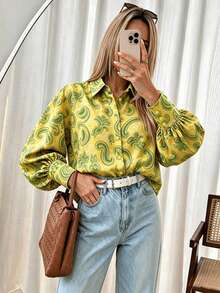 SuofeiMan Women's Green Paisley Print Long Sleeve Shirt, Autumn Woven Collared Top - Yellow - View 2