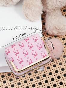 Fashionable Ladies' Pink Bow Print Can Be Split For Wallet Use, With A Pom-Pom Charm, Zipper Compartment, Suitable For Commuting And Shopping - Hot Pink - View 12