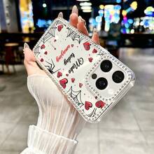 1PC Red Heart Spider Web Rhinestone Phone Case, Sweet Cool Heart Print Rhinestone Frame Anti-Drop Protective Shell, Y2K Fashion Personalized Phone Case, TPU Material Rhinestone Frame, Anti-Drop, Anti-Shock Suitable For Apple 18 Pro/18 Pro Max/17/16/15/14/13/12/11 And Other Series Models, Unisex; Perfect Gift For Girlfriend On Thanksgiving, Valentine's Day, Easter, Wedding Season And Birthday! - Multicolor - View 2