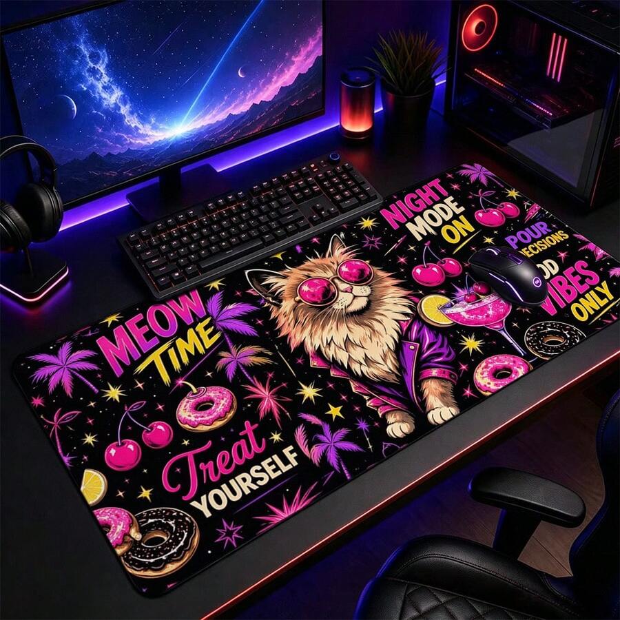 1pc Retro Neon Cool Cat Desk Mat, Y2K Palm Tree Donut Cherry Print Large Gaming Mouse Pad, Non Slip Desktop Protector For Game Room - View 1