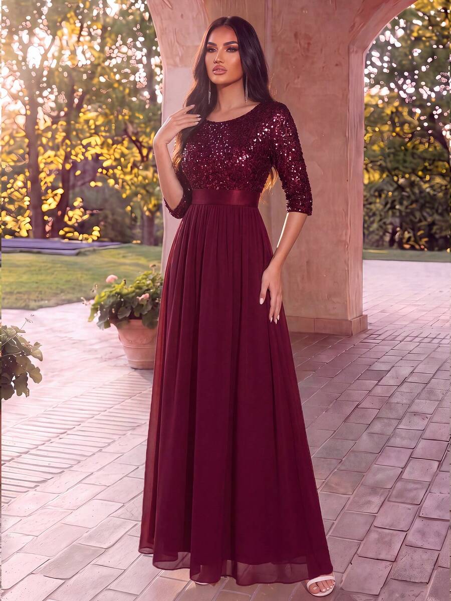 Contrast Color Sequin Chiffon Formal Gown, Elegant And Formal, Suitable For Wedding Guests, Graduation Ceremonies, Galas And Other Occasions - Maroon - View 1