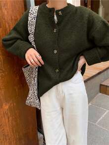 Green Plus Size Round Neck Dropped Shoulder Long Sleeve Front Button Fashion Knit Cardigan, Warm And Comfortable Knitted Knit Jacket For Autumn/Winter - Green - View 4