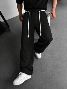 GRDR Men's Elastic Waist Drawstring Casual Pants, Loose Fit, Draped, Lazy Style, Thick Rope Wide Leg Long Pants - Black - View 2