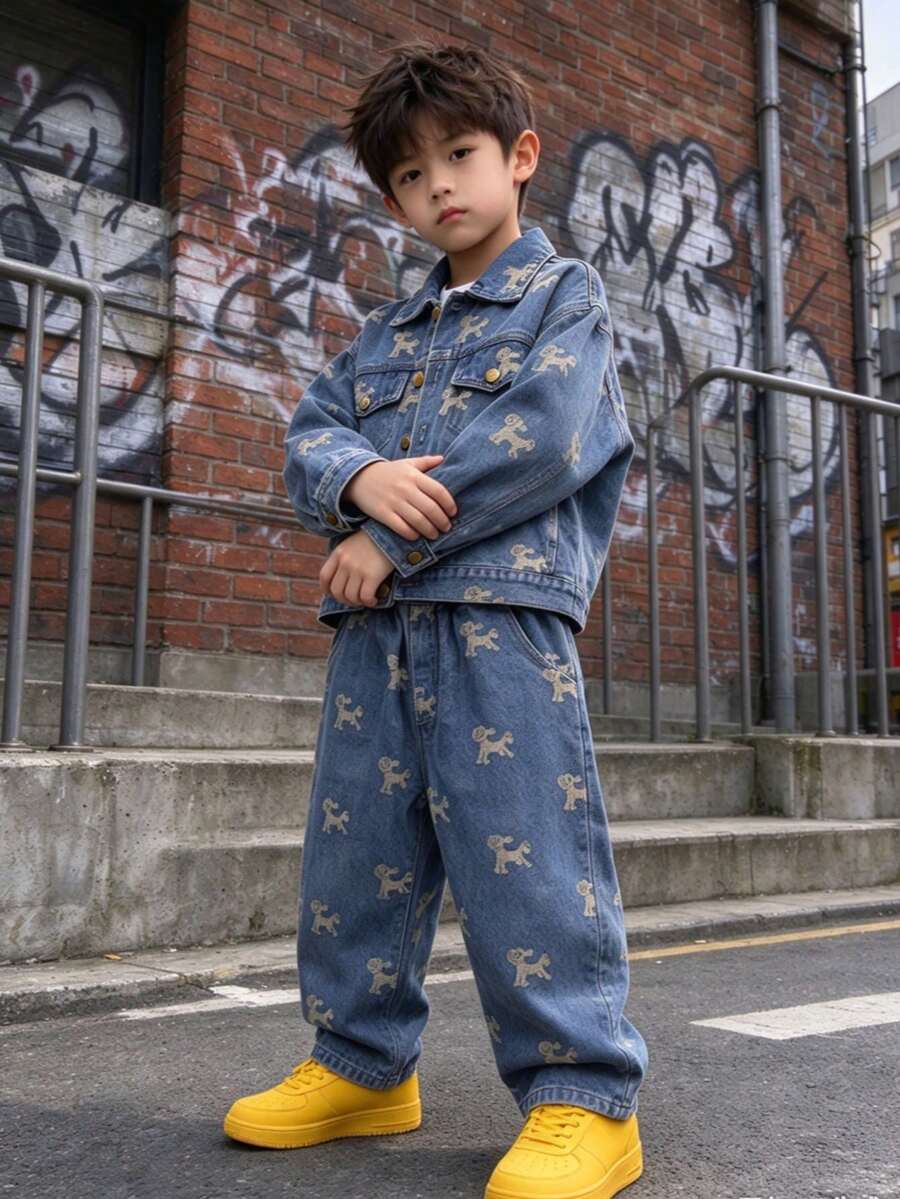 Boys' Toddler Autumn Spring All-Season Loose Fit All-Over Print Long Sleeve Denim Jacket And Denim Pants 2 Pieces Set, Suitable For Back To School, Daily Wear And Outdoor Activities - Baby Blue - View 1