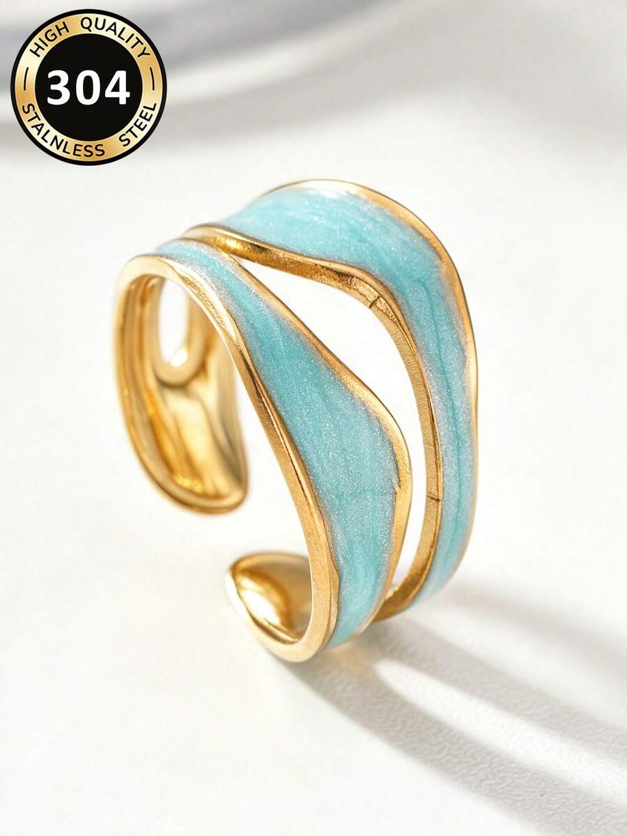 1pc Fashionable Ring For Women, Wedding Engagement Party Jewelry, Valentine's Day Gift - Golden Yellow + Light Green - View 1