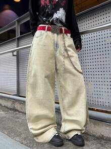 1pc Infinite Jeans American Streetwear Embroidered Big Pocket Loose Fit Relaxed Straight Leg Jeans, Casual Comfortable Fashion Trousers For Men (Belt And Accessories Not Included) - Yellow - View 7
