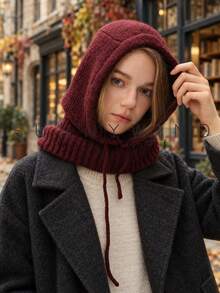 1件女款純色時尚休閒百搭羊毛拉帽，秋冬日常穿著 - 酒紅色 - 查看 6