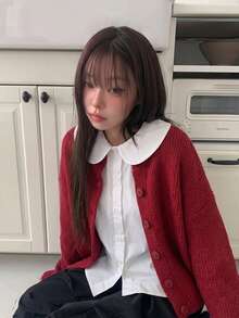 Women's Autumn/Winter Solid Color Drop Shoulder Long Sleeve Single-Breasted Casual Loose Cardigan - Red - View 7
