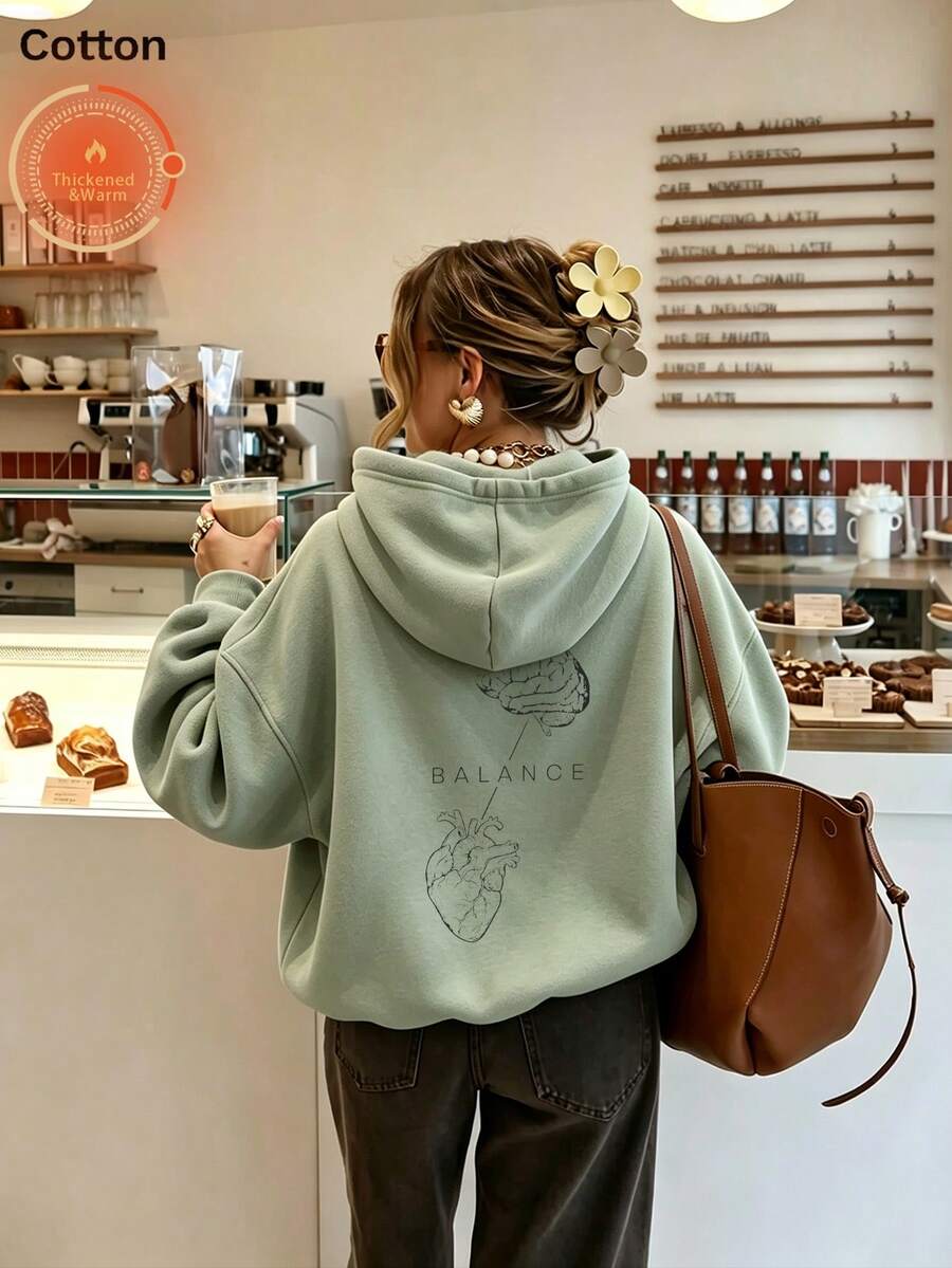 Women's Casual Long Sleeve Loose Sweatshirt, Drawstring Hood Design, Balanced Print, Thick Warm Pullover Sweatshirt For Autumn/Winter - Bean Green - View 1