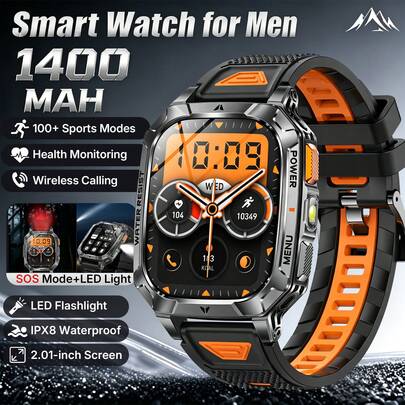 KENPANG Hardcore Outdoor Men's Smartwatch, 1400mAh Beast Battery, 2.01-Inch Full Touch HD Screen, Built-In Red & White Dual-Color LED Flashlight, 100+ Professional Sports Modes, All-Day Health Tracking, Bluetooth HD Calling, IP68 Waterproof, Men's Fitness Tracker, Perfect For Hiking, Trail Running, Compatible With IOS And Android