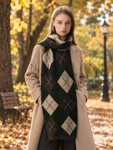 1pc Women's Diamond Checkered Fashion Preppy Style Versatile Wool Knit Scarf For Autumn/Winter Daily Wear - Army Green - View 3
