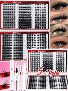 350pcs D Curl, Kit Ekstensi Bulu Mata Harian, Set Bulu Mata Palsu Campuran 5 Gaya, Lembut & Nyaman, Dengan Perekat dan Segel, Pinset, Kuas, Bulu Mata Gugus Lembut Tipis untuk Penggunaan Sendiri - Hitam - View 1