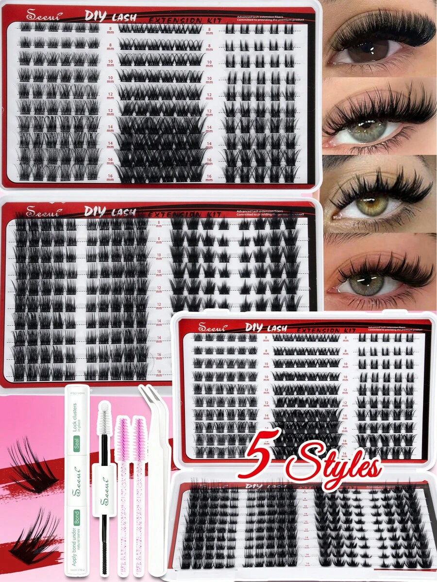 350pcs D Curl, Kit Ekstensi Bulu Mata Harian, Set Bulu Mata Palsu Campuran 5 Gaya, Lembut & Nyaman, Dengan Perekat dan Segel, Pinset, Kuas, Bulu Mata Gugus Lembut Tipis untuk Penggunaan Sendiri - Hitam - View 1