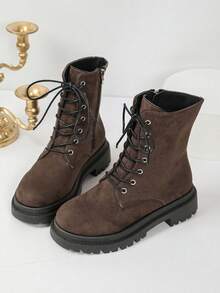 Women's Lace-Up Ankle Boots With Thick Sole And Chunky Heel For Autumn/Winter Daily Commute - Coffee Brown - View 5