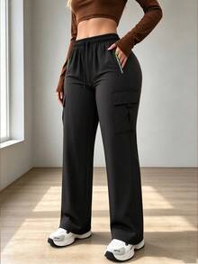 Women's Spring/Autumn Lightweight Cargo Pants, Featuring Drawstring Waist And Zipper Pockets Design. Simple Solid Color Style, Perfect For Outdoor Activities And Daily Wear. - Black - View 2