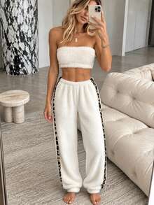 1pc Plush Loose Leopard Print Elastic Waist Long Pants Pajama Bottoms - White - View 3