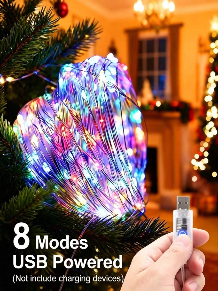 1 String 10/20/30/50/100/200 LED Copper Wire Lights - Fairy Lights - USB Powered, 8 Lighting Modes, 3 Colors Optional, Suitable For Wedding, Party, Home And Christmas Decoration