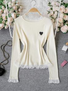 Women's Autumn/Winter New Frill Mesh Patchwork Knit Base Layer Top, Heart Embroidery 2 In 1 Slim Fit Long Sleeve Top - Apricot - View 6