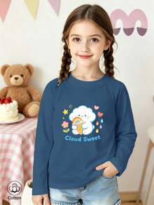 Girls' Cute Printed Long-Sleeve Casual Sports T-Shirt With Set-In Sleeves And A Round Neckline - Denim Blue - View 10