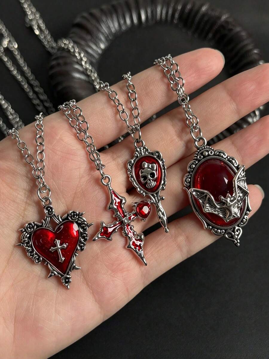 4pcs/Set Subculture Vintage Style Metal Retro Frame Red Background Embossed Heart Bat Skull Cross Layered Necklace Set For Men Dark Streetwear - Red - View 1