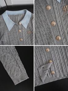 Women's Preppy Striped Collared Cable Knit Cardigan, Grey Slim Fit Short Length With Gold Buttons And Embroidered Badge, Soft Long Sleeve Sweater Top For Spring And Autumn - Gray - View 9