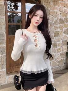 Apricot Lace Patchwork Sweater Women's Autumn/Winter New Long Sleeve Top Bow Pearl Embellished Knit Cardigan - Apricot - View 4