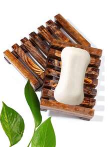 1pc Bamboo Wooden Soap Dish Holder With Hollow Drainage Design - A - View 5
