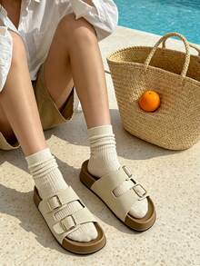 Women's Double Strap Adjustable Buckle Thick Sole Slides, Beige Matte Upper, Casual Commute Outdoor Wear, Versatile Slip-On Comfortable Easy-To-Wear - White - View 2