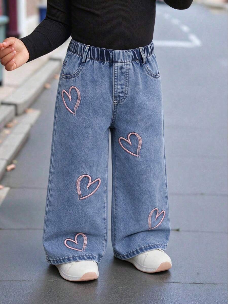Baby Girls Elastic Waist Heart Pattern Straight Leg Denim Jeans - Blue - View 1