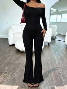 AiTyi Women's Black Cold Shoulder Long Sleeve Jumpsuit, Back Lace-Up Wrap Design, High Elasticity Long Jumpsuit, Suitable For Formal Occasions - Black - View 7