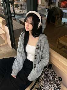 Cardigan Sweater Rajut Tebal Berkerudung, Kancing Depan, Lengan Panjang, Potongan Longgar, Cardigan Musim Gugur Abu-abu untuk Wanita, Lembut, Hangat, dan Kasual untuk Lapisan Pakaian - Grey - View 3