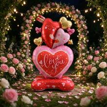 150cm Standing Heart-Shaped Foil Balloon Column, Multi-Layer 3D Stacked Heart Design, Red Pink Gold Color Scheme With Cupid Arrow, Suitable For Valentine's Day, Proposal Ceremony, Couple Anniversary, Store Display, Confession Photo Backdrop Decoration - Multicolor - View 2