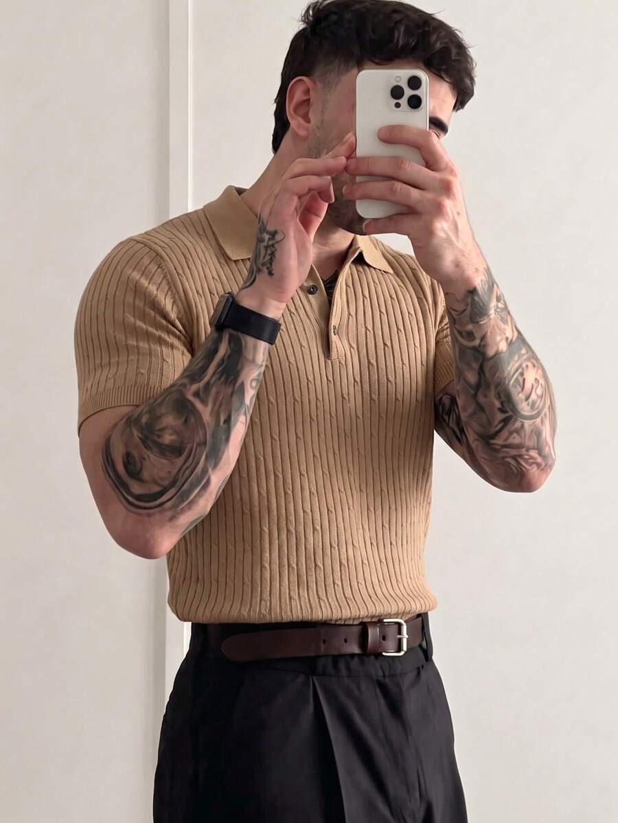 Men's Summer Fashion Twisted Knit Polo Collar Short Sleeve Sweater, Suitable For Business Activities And Daily Wear