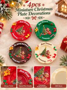 4pcs Miniature Christmas Plate Decorations, Bear Christmas Tree Candy Cane Mini Decor, DIY Craft Embellishments For Hair Clips, Pendants, Keychains, Dollhouse Table Decor & Holiday Craft Supplies, Mini-Scene Photography Decor Additions - A - View 4