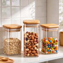 2/4/8/10/12pcs 9.5oz Square Glass Storage Jars With Bamboo Lids, Airtight Moisture-Proof Food Canisters, Christmas Storage Containers For Candy, Cookies & Dry Fruits, Kitchen Pantry Organizer - View 2