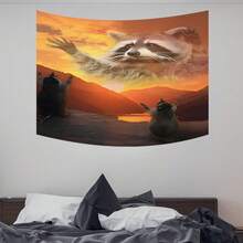 1pc Raccoon Sunset Mountain Landscape Print Tapestry, Polyester Fiber Wall Hanging, Bedroom, Living Room, Dorm, Home Decor - Multicolor - View 7