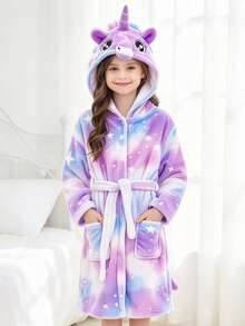 Tween Girl Purple Starry Sky Unicorn Long Sleeve Hooded Pajamas Bathrobe - Multicolor - View 10