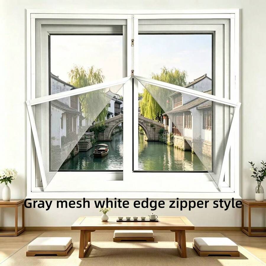 Zipper Window Mosquito Screen, Gray Mesh With White Edge, Custom Fit Casement Window Fly Screen, Easy Install Insect Protection Net - Grey Mesh With White Trim and Center Zipper - View 1