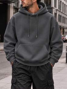 男士純色抽繩口袋設計長袖休閒套頭衛衣 - 深灰色 - 查看 2