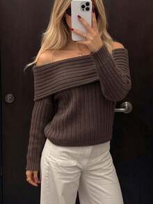 Just Masa Women's Autumn Y2K Casual Elegant Brown Cold Shoulder Folded Collar Pullover Sweater, Solid Color Long Sleeve Ribbed Knit Top, Suitable For Outings And Daily Wear - Khaki - View 1