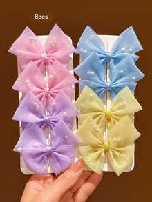 8pcs Sweet Style Colorful Bow Hair Clips, Suitable For Daily Use Hair Accessories - Multicolor - View 5