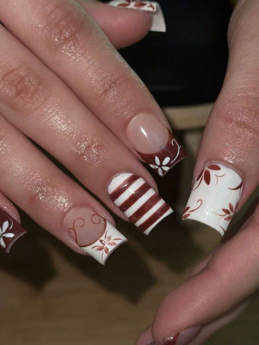 24pcs Short Square French Press-On False Nails, Brown Nails, Floral And Line Pattern Design, Embellished With Small Steel Beads, Acrylic False Nail Set, Includes 1pc Jelly Glue And 1pc Nail File. Suitable For Autumn And Winter Nails. - Multicolor - View 1