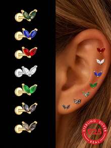 1 pièce Boucles d'oreilles en argent sterling 925 avec pierres précieuses colorées en forme de marquise pour femmes, boucle d'oreille à tige classique, dos plat, cartilage de l'hélix, pour le port quotidien, bijou fin - Multicolore - Voir 1