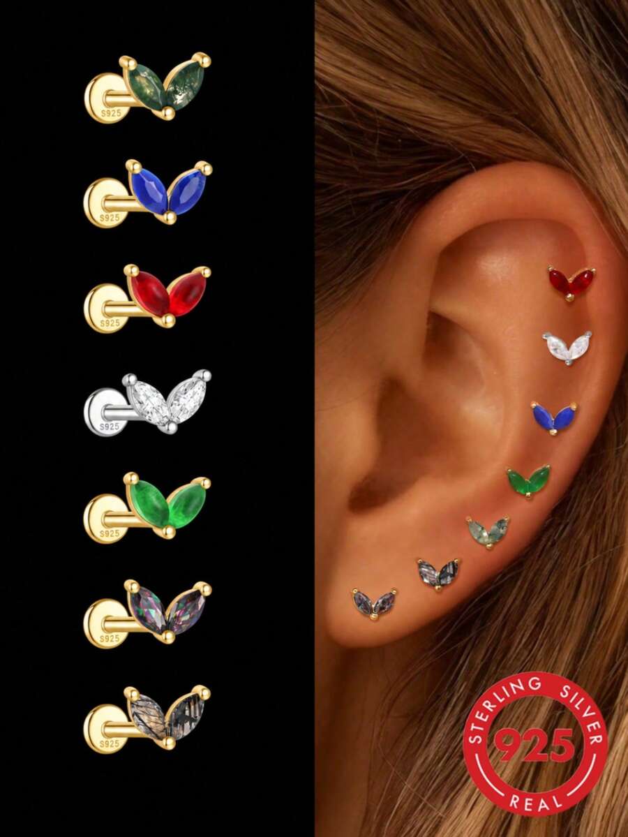 1 pièce Boucles d'oreilles en argent sterling 925 avec pierres précieuses colorées en forme de marquise pour femmes, boucle d'oreille à tige classique, dos plat, cartilage de l'hélix, pour le port quotidien, bijou fin - Multicolore - Voir 1