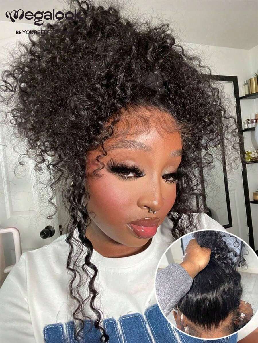 MEGALOOK 360 Full Lace Glueless Deep Wave Wigs 100% Human Hair Invisi Drawstring Natural Black Pull & Go 5x5 Glueless Wig Transparent Lace Pre-Plucked Natural Hairline Beginner Friendly - SNatural - View 1