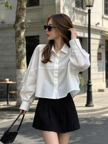 Solid Color Minimalist Lapel Collar Women's Shirt, French Style Long Sleeve Blouse, Suitable For Daily Commute, Spring And Autumn Outings - White - View 5