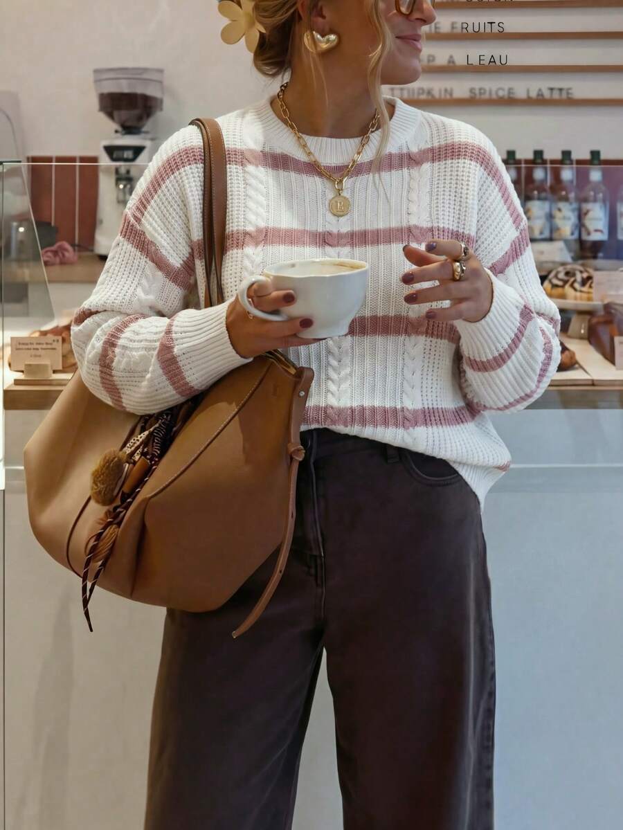 Plus Size Women's Cable Knit Textured Pink & White Horizontal Striped Colorblock Long Sleeve Crew Neck Loose Short Knit Sweater, Jumpers For Fall - Multicolor - View 1