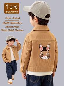 Young Boys Spring Fall Woven Jacket Outerwear Rabbit Embroidery Button Front Lapel Long Sleeve Patch Pockets Cute Casual Outdoor Wear - Brown - View 3