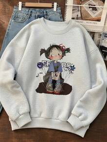 Cute Cartoon Little Girl Print Crew Neck Sweatshirt Women Light Gray Tone Loose Fit Crew Neck Sweatshirt Vintage Fun Pullover Autumn Top - Light Grey - View 3