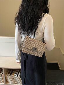 Women's Crossbody Bag, Monogram Canvas Flap With Gunmetal Chain, Turn-Lock Closure, Vintage Chic For Daily Wear, Party & Dating - Khaki - View 10